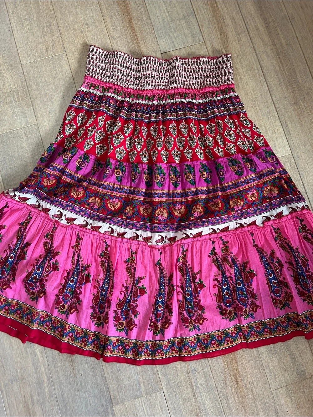 Bohemian Cotton Pink Floral Tiered Maxi Skirt size L ruched waist lined